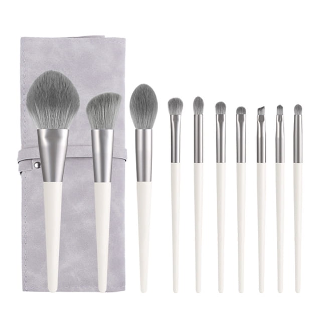 juego de brochas de maquillaje. la brocha de maquillaje de pelo suave puede cepillar base de maquillaje, crema correctora, sombra de ojos, rubor y otros juegos de brochas de maquillaje femeninos: set de 10 brochas con mangos blancos y virolas plateadas, cerdas sintéticas grises en formas para polvo, base/contorno, difuminado y detalles de ojos, estuche enrollable gris; adecuado también para aplicar cejas o productos en crema en viajes.