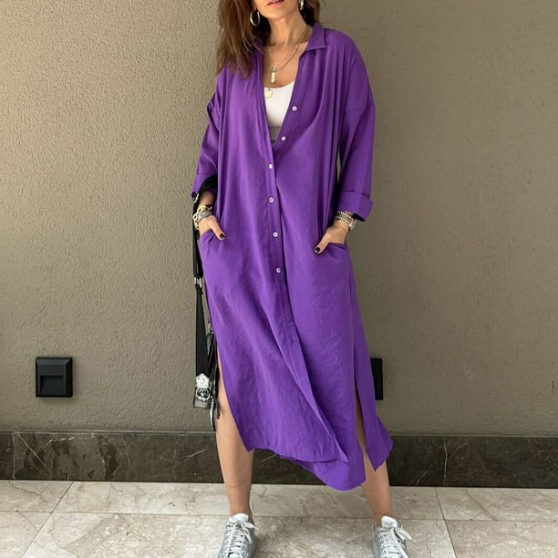 Camisa De Vestir Cárdigan con botones para mujer, vestido camisero informal con abertura lateral, vestido camisero suelto para la playa Cgtredaw Púrpura M para Mujer