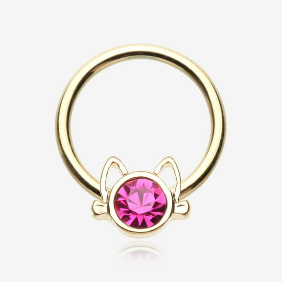 Golden Adorable Cat Face Sparkle Captive Bead Ring