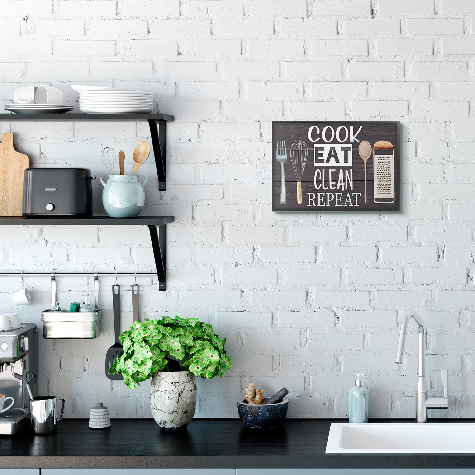 Industries Cook Eat Clean Humorous Quote Rustic Kitchenware 14 in x 11 in Framed Painting Art Prints, by Stupell Home Décor