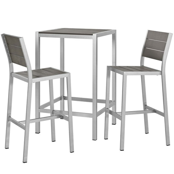 Modern Contemporary Urban Design Outdoor Patio Balcony Garden Furniture Bar Pub Stool Chair and Table Set, Aluminum Metal Steel, Grey Gray