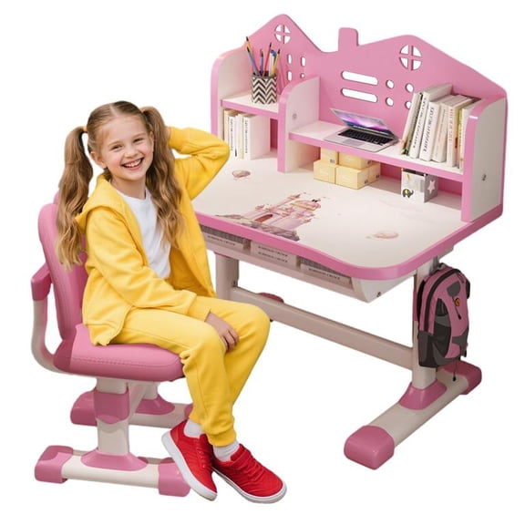 YNCE Kids Functional Desk and Chair Set, Height Adjustable Children School Study Desk with Storage Drawer, Student Writing Desks for Bedroom