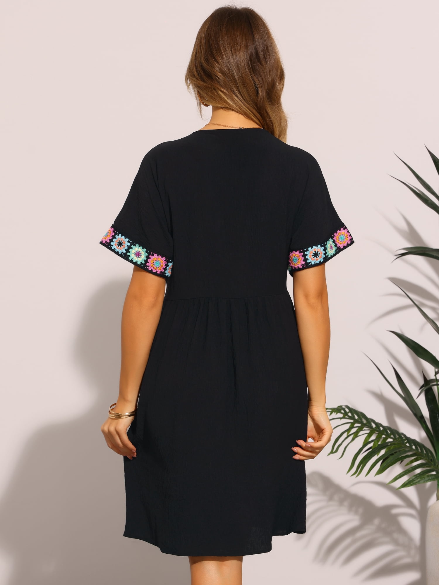 DARING DIVA Boho T-Shirt Casual V Neck Short Sleeve Shift Dress M Black