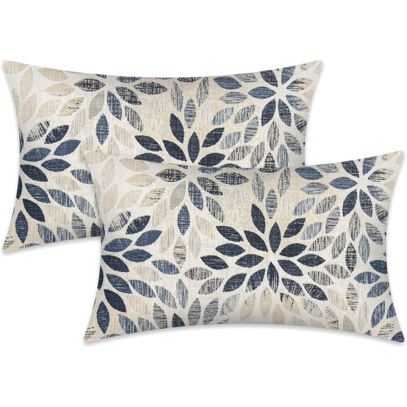 Dahlia Pillow Covers 12x20 Inch Set of 2 Summer Rust Geometric Flower Outdoor Decorative Throw Pillows Farmhouse Navy Blue Pillow Case Linen Square Cushion Cover for Home Sofa Living Room