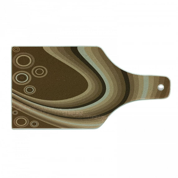 Brown Cutting Board, Abstract Wavy Lines and Circles Retro Style Curves Graphic Illustration, Decorative Tempered Glass Cutting and Serving Board, in 3 Sizes, by Ambesonne
