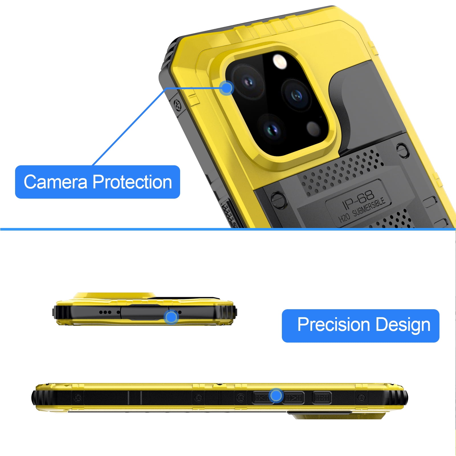for iPhone 15 Pro Max Case, Military Grade IP68 Waterproof Dustproof Shockproof Full Body Sealed Underwater Case with Built-in Screen Protector Heavy Duty Metal Rugged Defender Phone Case,Yellow