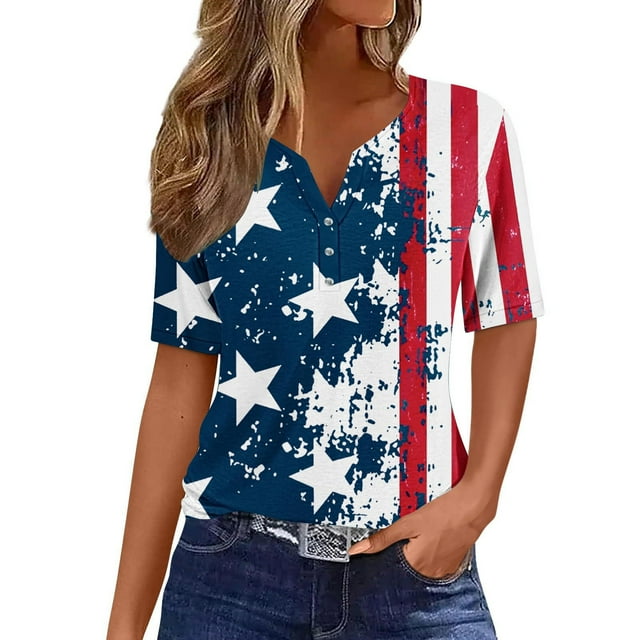KIHOUT Women's Independence Day Printed T-Shirt Button Up Short Sleeved V-Neck Tops Navy XL