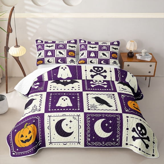Feelyou Cute Ghost Skull Twin Quilt Set, Halloween Crow Pumpkin Twin Coverlet Set, Purple Cream, 2pcs, 1 Comforter and 1 Pillowcase