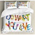 thumbnail image 1 of Love What You Do Duvet Cover Set King Size, Colorful Letters Pattern Polygonal Arrangement Angular Triangle Shapes, Decorative 3 Piece Bedding Set with 2 Pillow Shams, Multicolor, by Ambesonne, 1 of 3