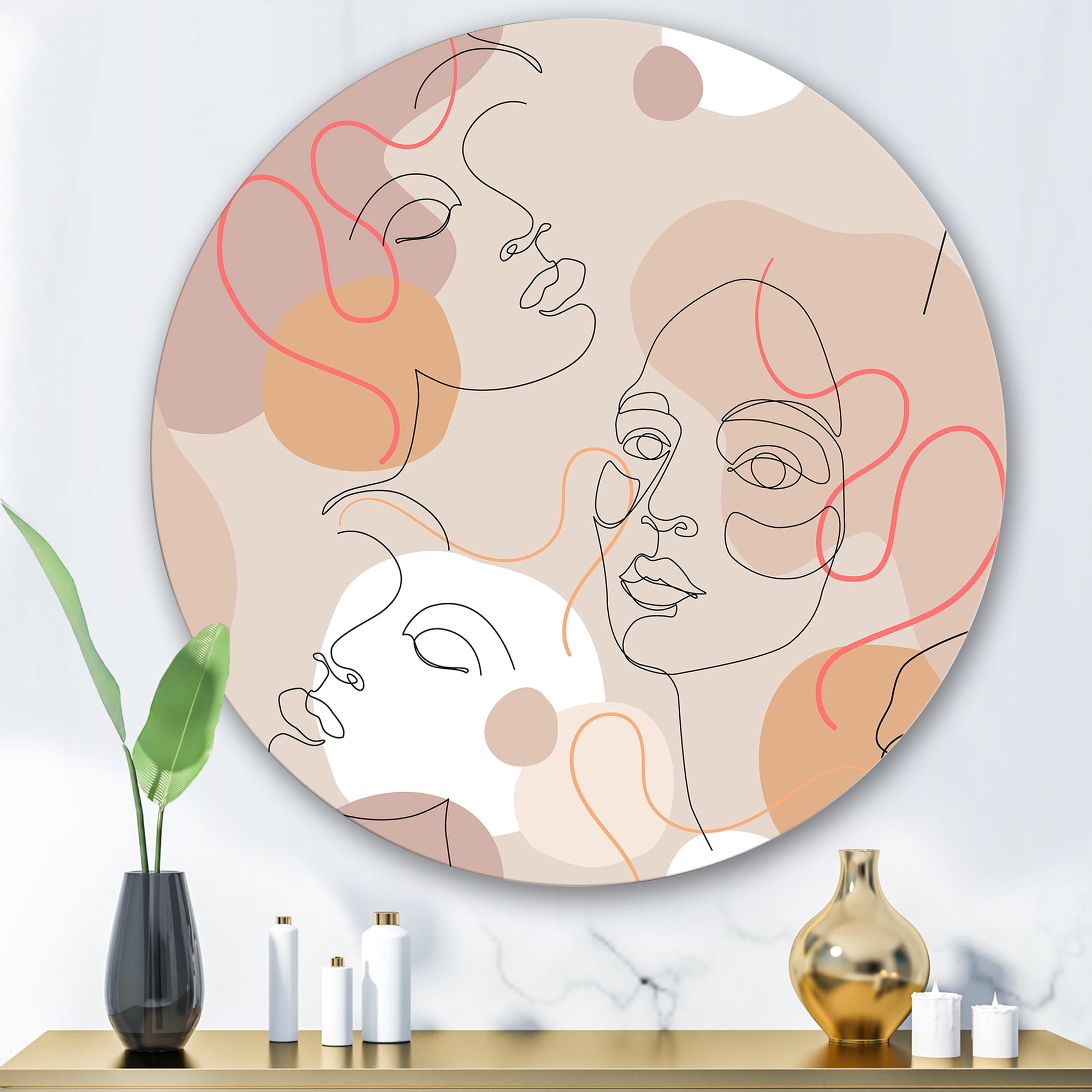 Designart 'Abstract Woman Portraits With One Line ' Modern Circle Metal Wall Art 29x29 - Disc of 29