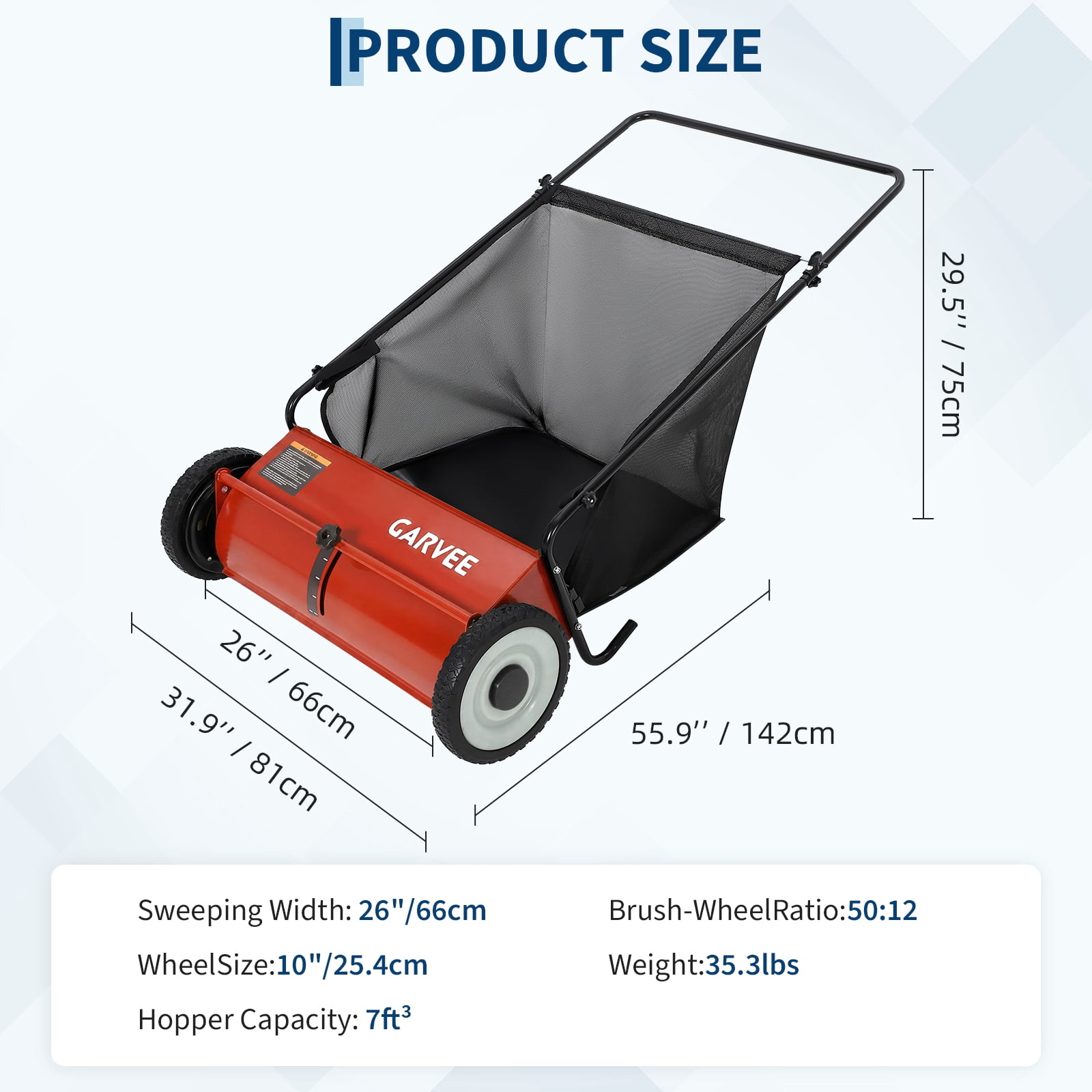 26" Heavy-Duty Push Lawn Sweeper, Leaf Sweeper for Lawn with 4 Spinning Brushes & Large Capacity Collection Bag, Adjustable Height Grass Clippings & Debris Collector for All Terrains, Red