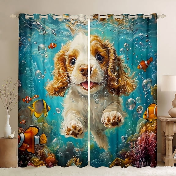 Erosebridal 3D Pug Curtains for Living Room, Teal Ocean 30%-50% Blackout Curtains Set of 2 (38x45), Cute Dog Animal Decor