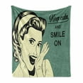 thumbnail image 1 of Vintage Woman Soft Flannel Fleece Throw Blanket, Pop Art Woman Smiling in Comics Style with Words, Cozy Plush for Indoor and Outdoor Use, 60" x 80", Reseda Green Black Ivory, by Ambesonne, 1 of 6