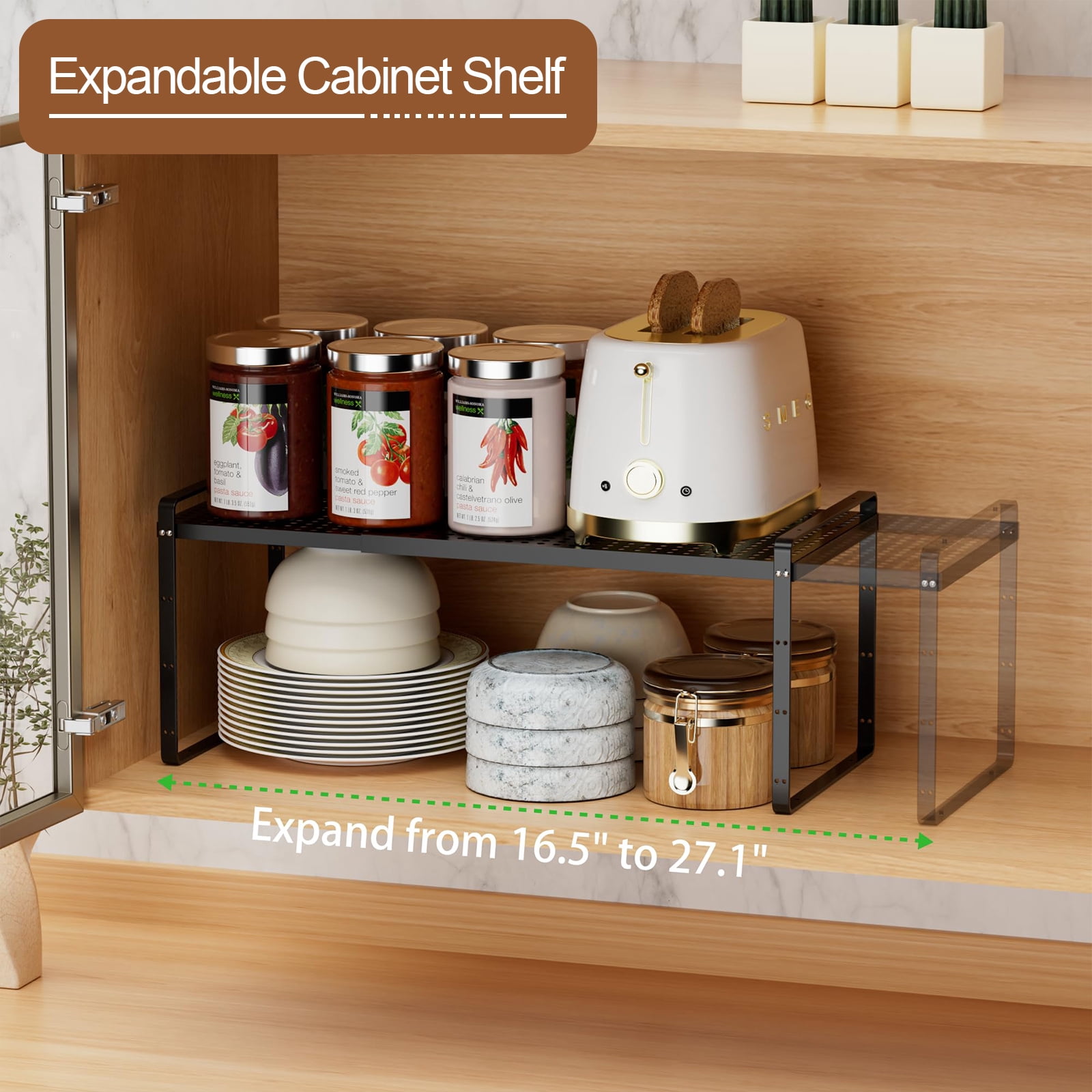 Expandable Cabinet Organizer Shelf, Stackable Shelf Riser for Kitchen Pantry Desk Cupboard Tabletop Countertop Home Office, Heavy Duty, Black Large 1 Pack