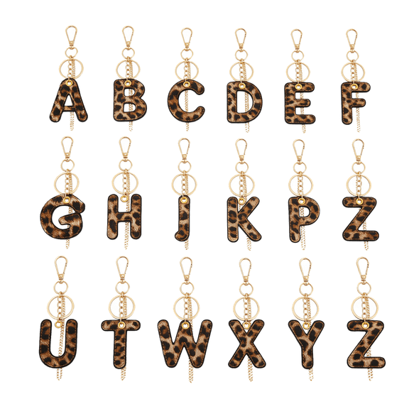 Vorkoi Female Initial Pu Leather Letter Keychain, Leopard Print Key Tag Key Holder Lanyard With Luggage Bag