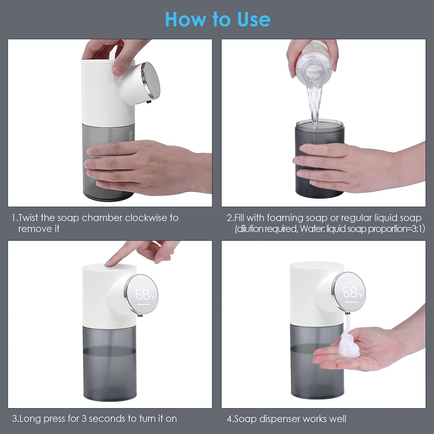 Automatic Touchless Soap Dispenser for Kitchen Sink, Electric Dish Foam Soap Dispenser with Temperature Display, Rechargeable Waterproof Soap Dispenser for Bathroom, Office, Hotel, Restaurant