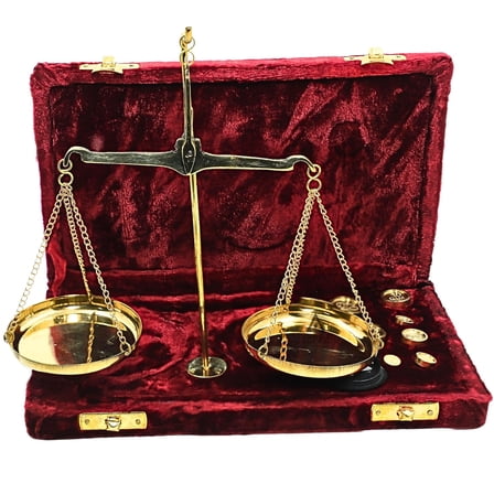 Classic Decorative Justice Scale in Blue Velvet Case - Gold-Plated Brass Balance Scale for Collectors, Vintage Home Decor, or Jewelry Display