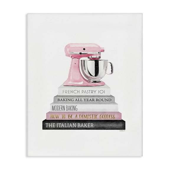 Stupell Industries Art Deco Grey Pink and Black Fashion Bookstack with Pink Mixer Canvas Art, 24 x 30, by Amanda Greenwood