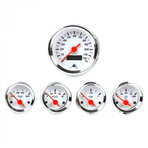 SAE American Classic White 5 Gauge Set with Orange Vintage Needles, Chrome Rings