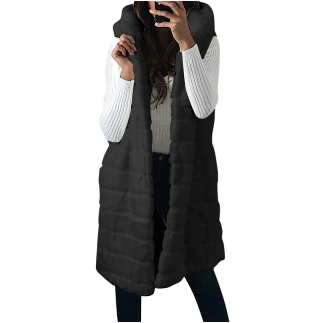 Chaquetas para mujer Faux-FurGilet chaleco sin mangas cuerpo Color sólido con capucha chaqueta larga abrigo prendas de vestir exteriores Odeerbi ODB-3