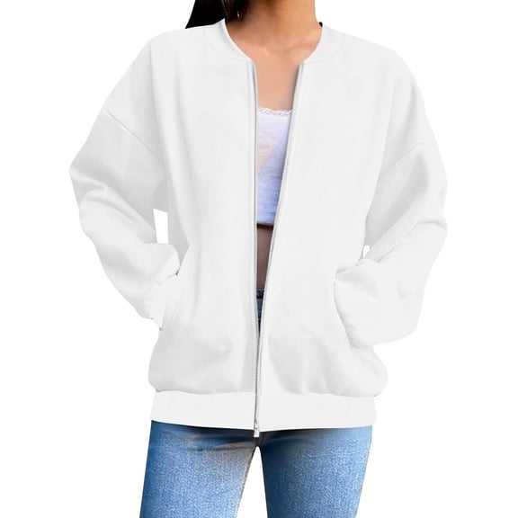 Sahpxhe Womens Zip up Jackets Ribbed Collar Long Sleeve Oversized Sweat Bomber Jacket Casual Cozy Outdoor Fall Tops White XXL