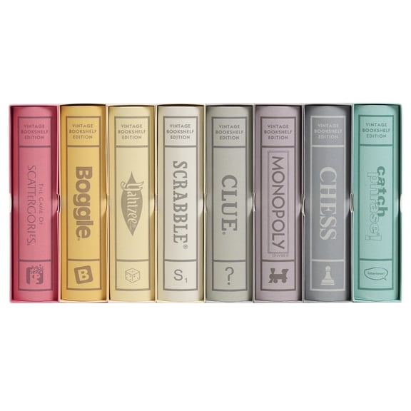 WS Game Company Collection of 8 Vintage Bookshelf Edition Board Games Including Scrabble, Monopoly, Clue, Yahtzee, Catch Phrase, Chess, Scattergories, and Boggle