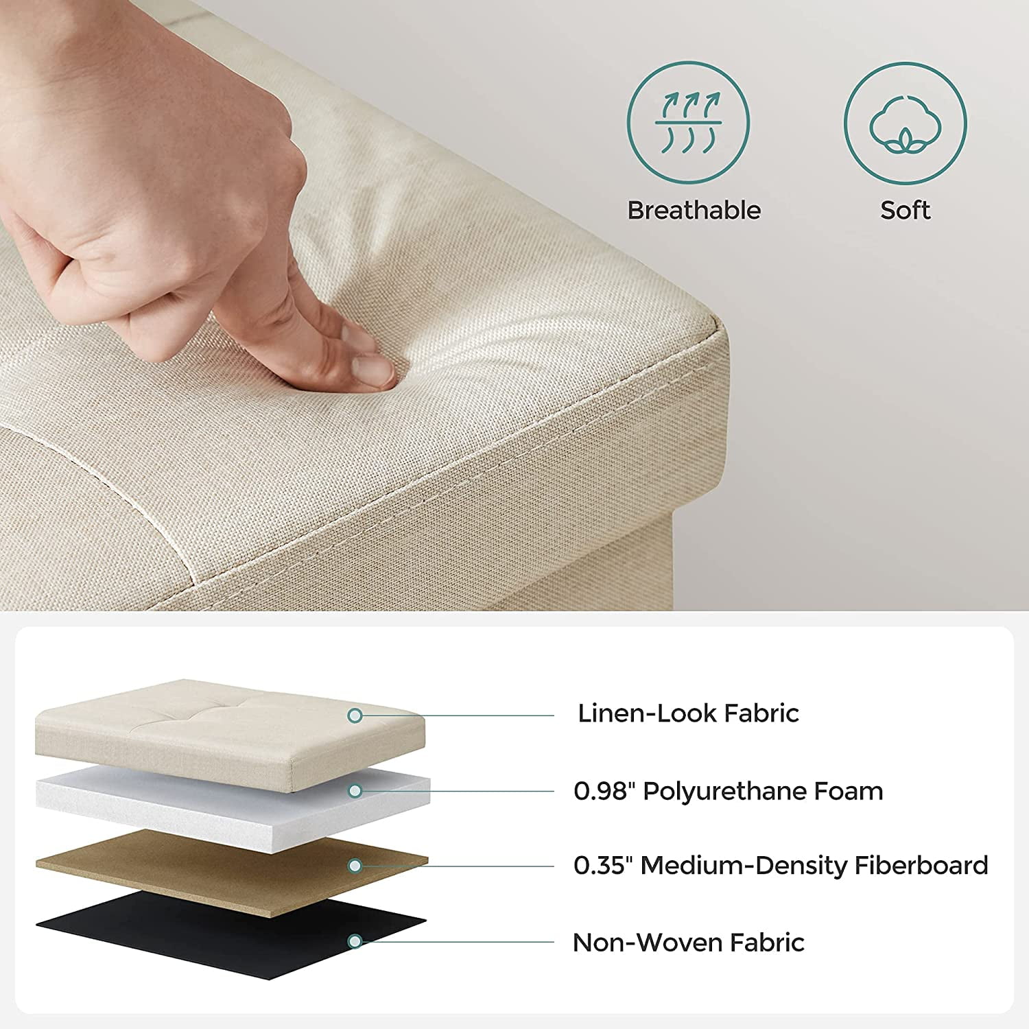 SONGMICS 30" Storage Ottoman Bench Ottoman with Storage Footstool Hold up to 660 lb for Bedroom Living Room Beige