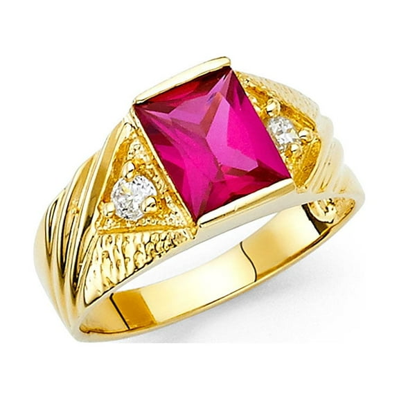 Solid 14k Yellow Gold Red CZ Mens Ring Fashion Band Emerald CZ Stylish Diamond Cut Polished Size 10