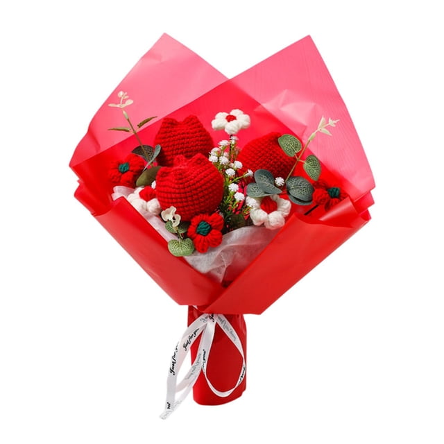 Crochet Flower Bouquet Ornament Artificial, decoración de la mesa de la pieza central, arreglos florales de punto Regalo romántico Rojo