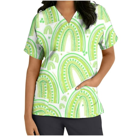 

JWZUY Women St. Patrick s Day Printed Scrub Tops V-Neck Working Uniform T-Shirt Cute Printed Scrub Top Short Sleeve Tops with Pockets Blouses Pullover Shirts Tshirts Tee Shirt (Mint Green XL)