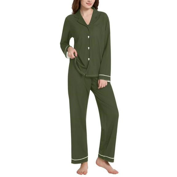 joogoo Olive Green Solid Pajamas Set for Women Long Sleeve Pjs Loungewear L