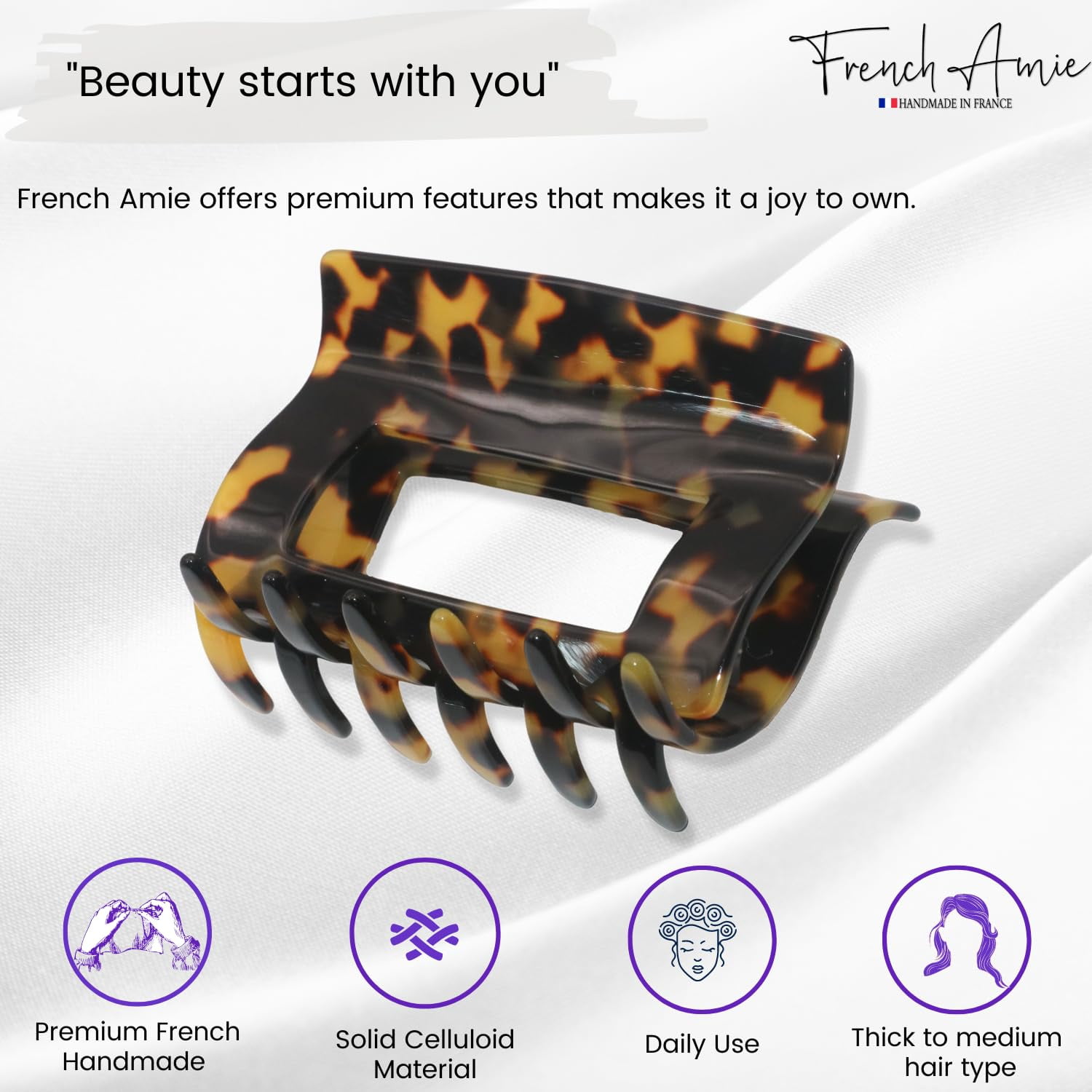 French Amie Geo Large 3" Celluloid Handmade Jaw Hair Claw Clip for Women
