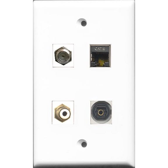 RiteAV 1 Port RCA White and 1 Port Coax Cable TV- F-Type and 1 Port Shielded Cat6 Ethernet and 1 Port Toslink Wall Plate