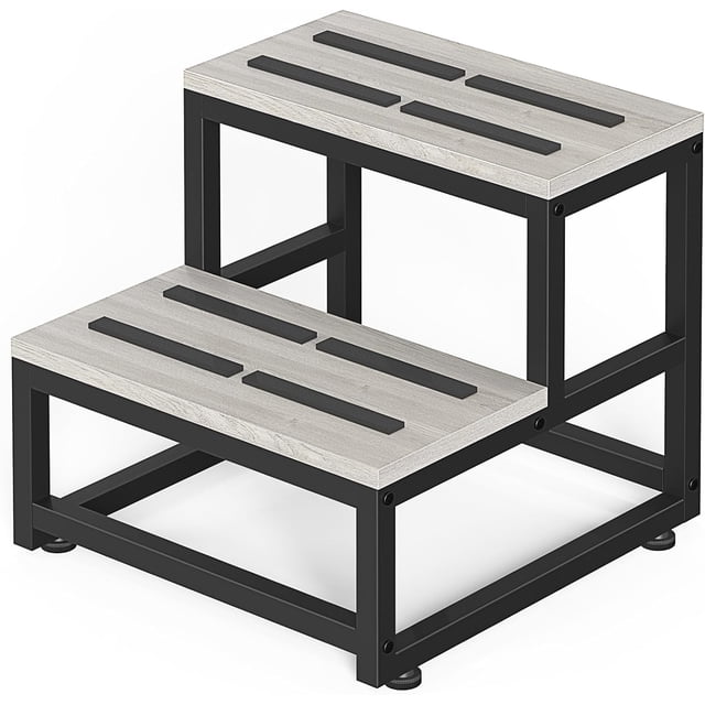 2 Step Stool for Adults Kids, Heavy Duty Wooden Stepping Stools, Bedside Foot Stool with 500lbs Load Capacity, Non-Slip Step Stool for High Bed, Kitchen, RV - Grey