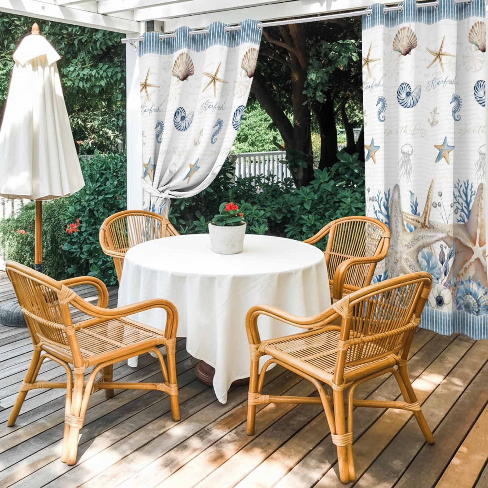 Summer Ocean Outdoor Curtains for Patio, Nautical Sea Starfish Seashell Coral Seahorse Blue Stripe Sunshade Privacy Drapes Grommet Waterproof Outside Curtains for Porch Balcony 54"x108", 1 Panel