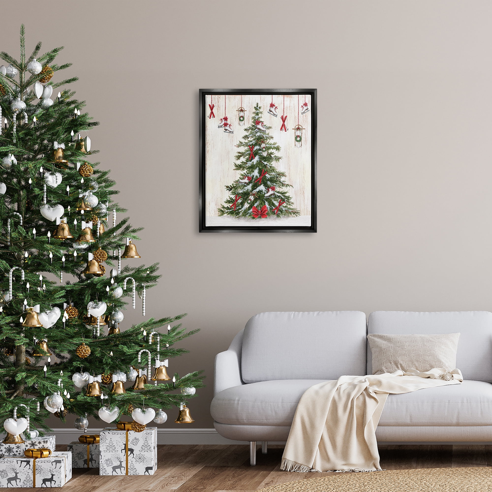 Stupell Industries Ice Skates & Sleds on Tree Holiday Painting Black Floater Framed Canvas Art Print Wall Art, 25 x 31