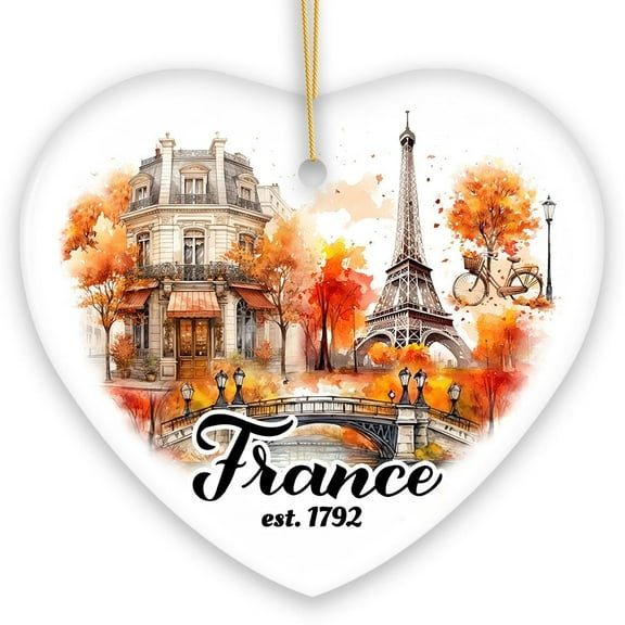 Majestic Vintage Fall Themed France Christmas Ornament, French Souvenir with Watercolor Eiffel Tower Painting