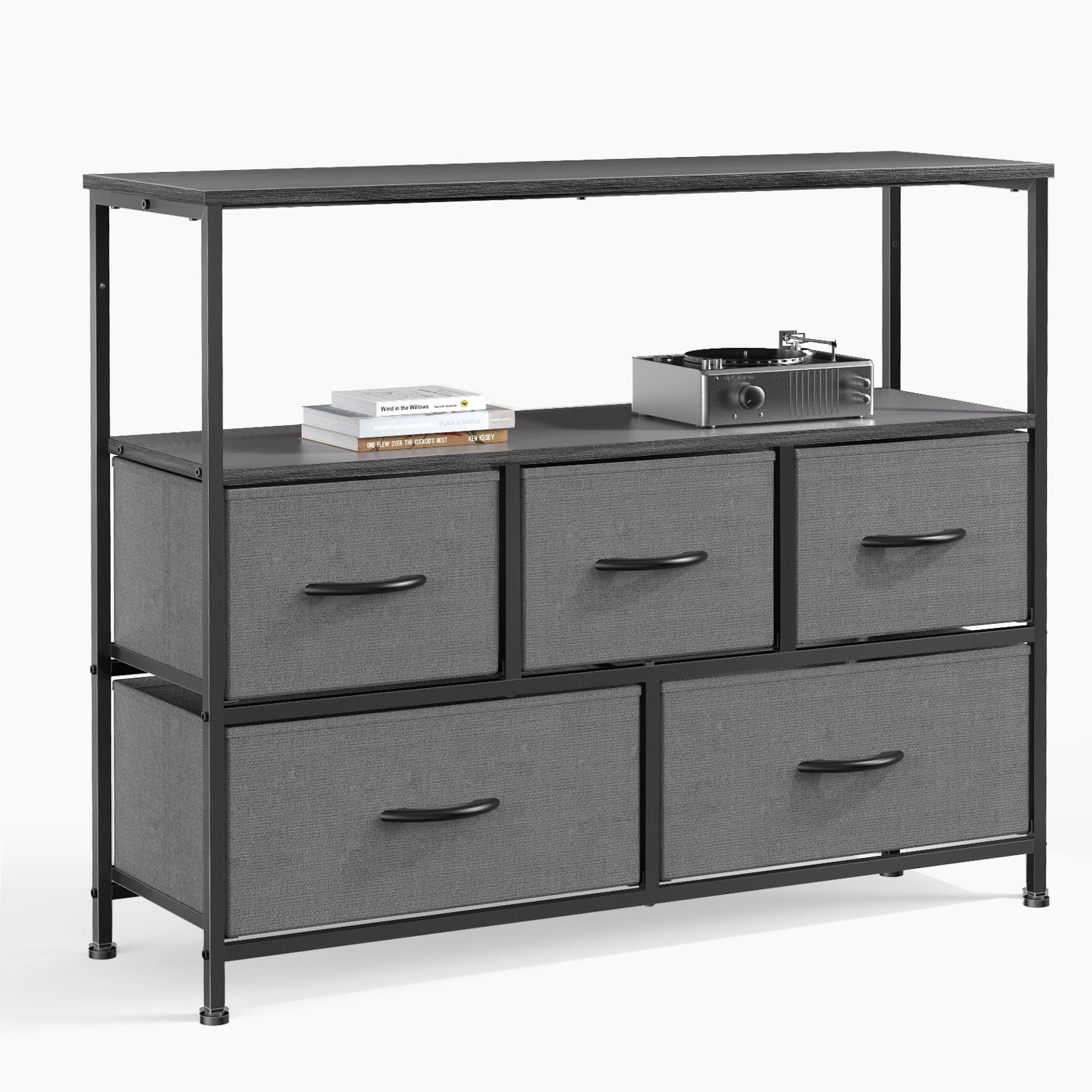 Aukfa 5 Drawer Dresser,Wide Chest of Drawers for Bedroom with Metal Frame for TV,Gray