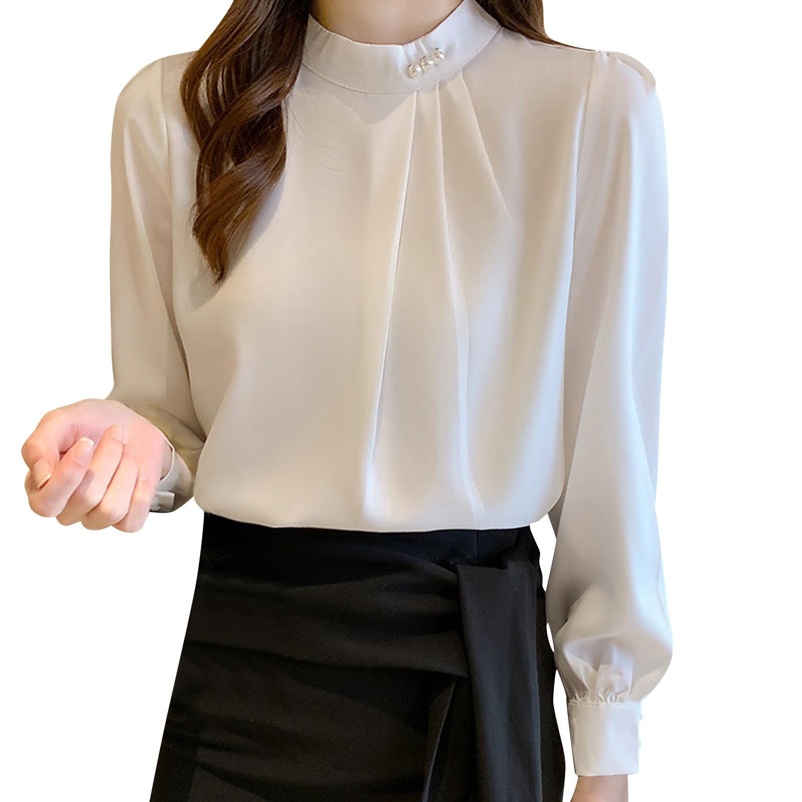 Uootdi Long Sleeve Shirts for Women Mock Neck Tops Pleated Front 