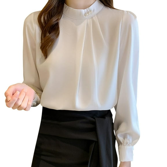 ABATAB Women's Dressy Business Casual Blouses Fashion Satin Silk Long Sleeve Tops Fall Outfits Mock Neck Front Pleated Work Shirts(X-Large,White)