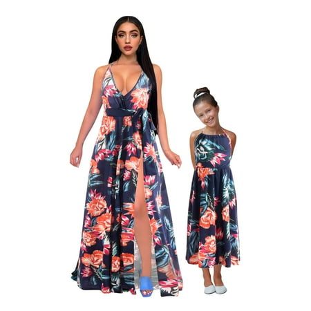 

Odeerbi Reduced Mommy And Me Matching Dresses Girls Parent-child Trendy Flowers Leaf Print Beach Suspenders Dress Suit Kid Navy
