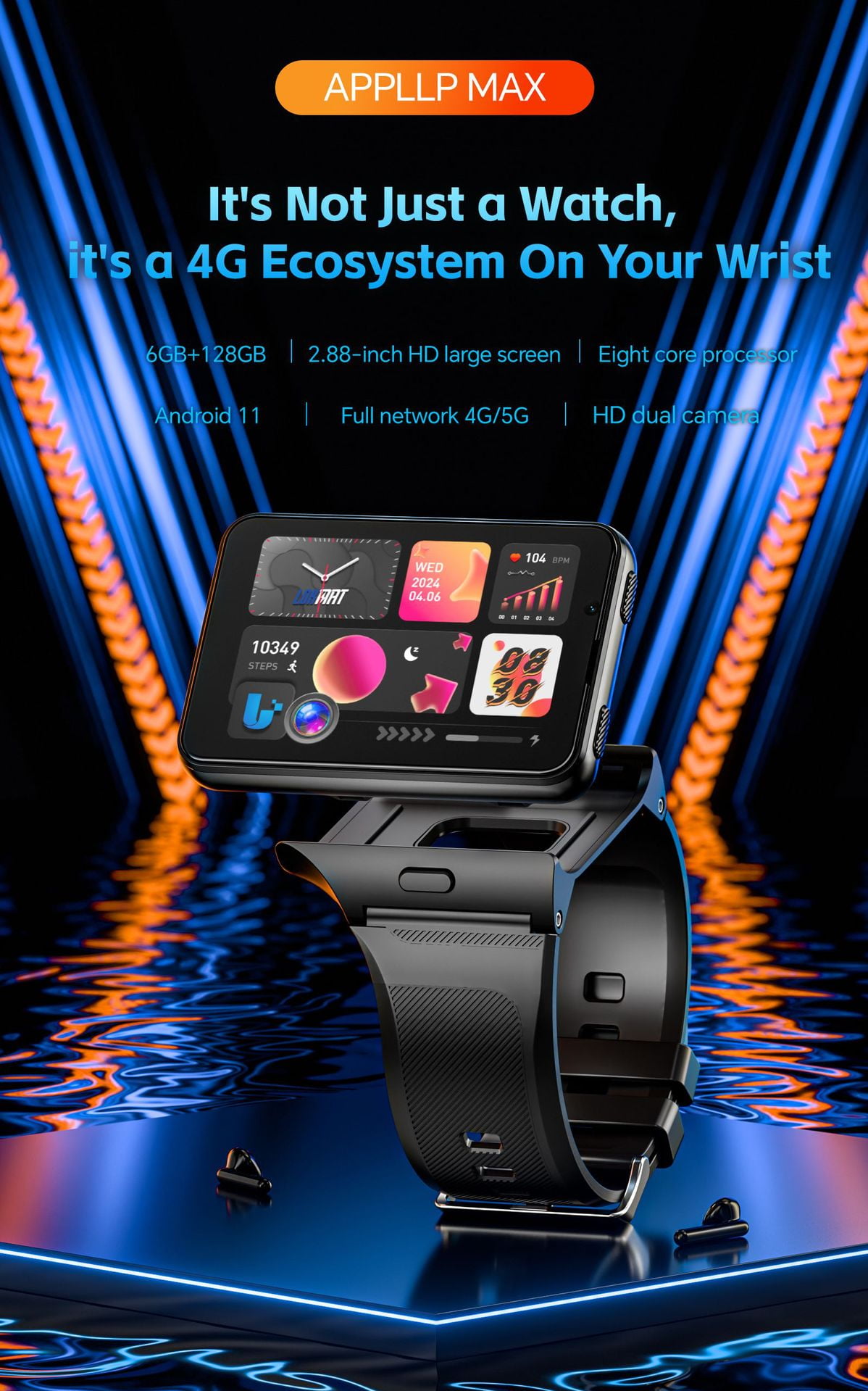 Smart Watch for Men, 4G Smartwatch for Android and iOS 2.88 Inch Touch Screen Android 11 OS 64GB Activity Tracker with Face Unlock Dual Cameras WiFi GPS Detachable Band (Black, 64G)