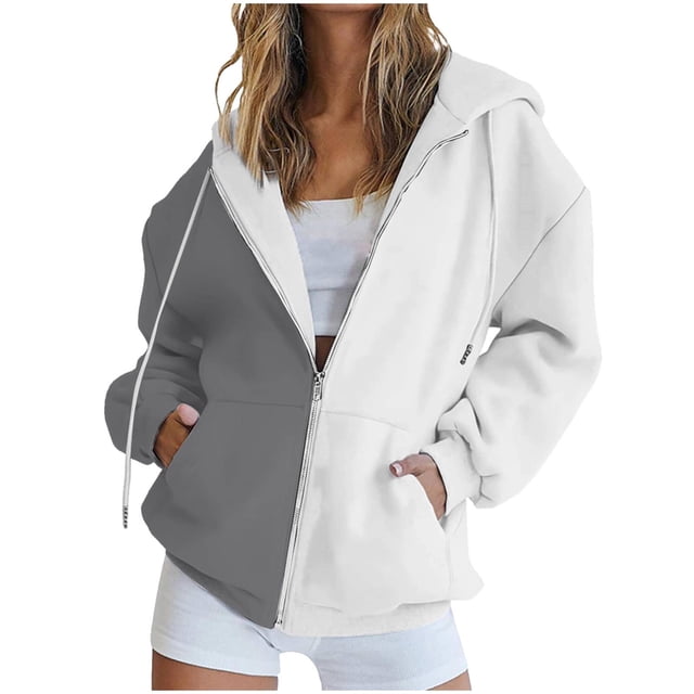Timegard Zip up Hoodies for Women Long Sleeve Color Block Sweatshirts Fall Winter Loose Comfy Jacket