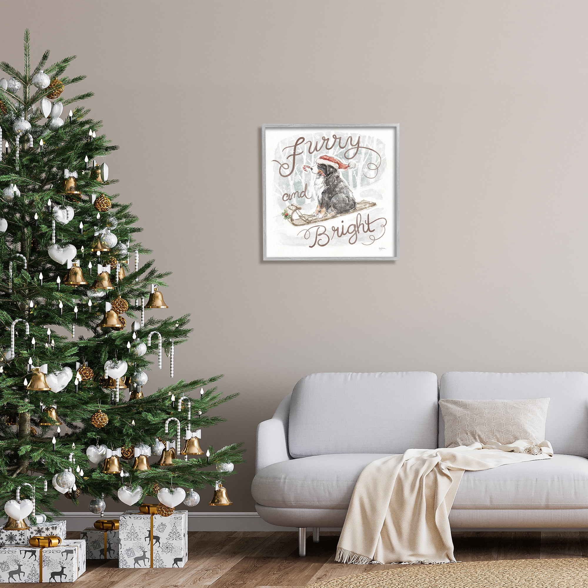 Stupell Industries Furry & Bright Dog Holiday Painting Gray Framed Art Print Wall Art, 24 x 24