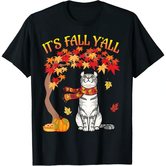 American Curl Cat Pumpkin Leaves Fall T Shirt Size S-5XL