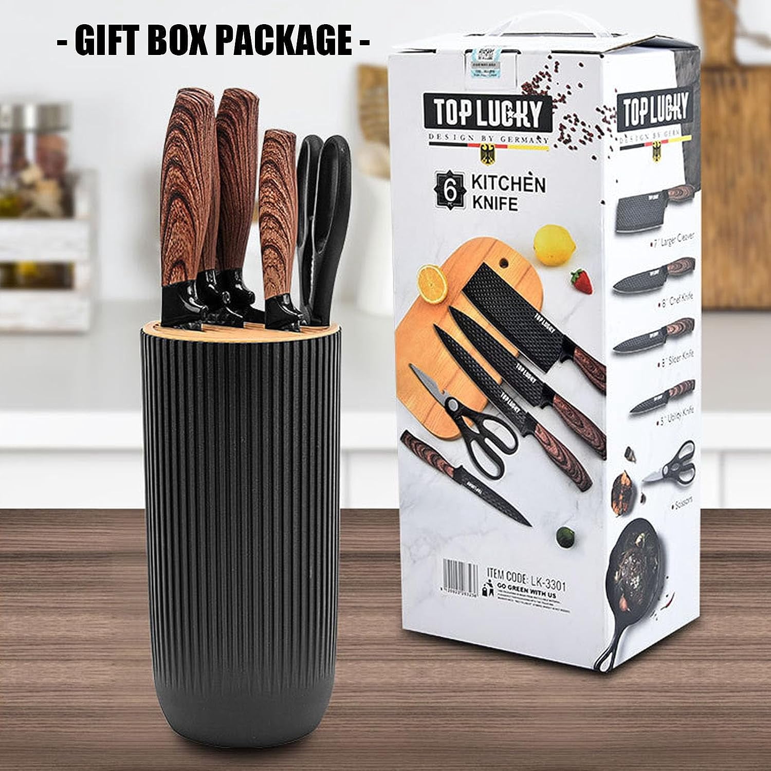 Kitchen Knife Set, 6-Piece Black Cooking Knife Set with Star Grain Blade, Sharp Stainless Steel Chef Knife Set Contains Round Knife Storage, Knives, Scissors for Home Kitchen