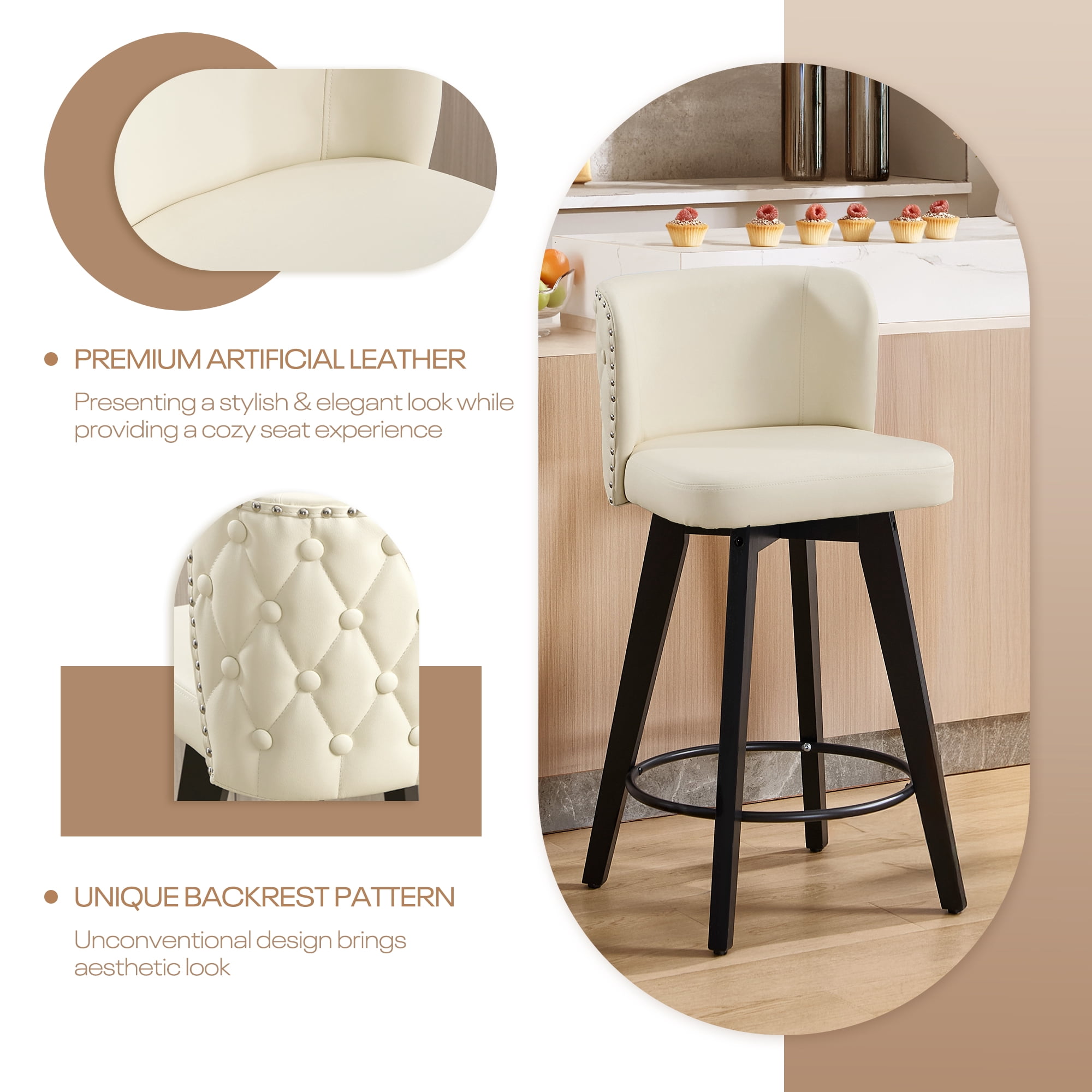 TEWLOSS Counter Height Bar Stools Set of 3, 27.5in Swivel PU Leather Bar Chairs with Curved Back for Kitchen Island, Beige