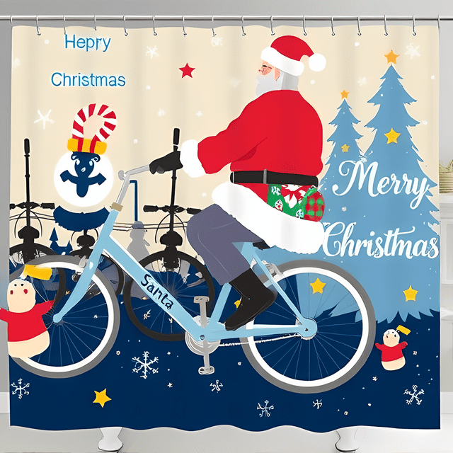 Festive Santa Claus Shower Curtain - Jolly Santa on Bicycle with Christmas Trees & Snowflakes - Perfect Holiday Decor
