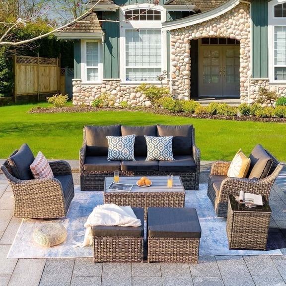 MEISSALIVVE 7-Piece Outdoor Wicker Patio Furniture Set, Swivel Rocker Chairs, 3-Seat Sofa, Ottomans, and Coffee Table, Gray