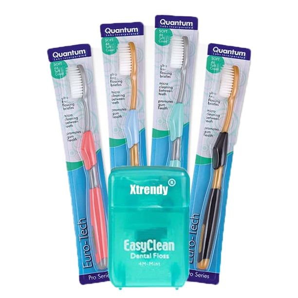 Cepillo de dientes Quantum Euro-Tech suave, paquete de 4 con hilo dental